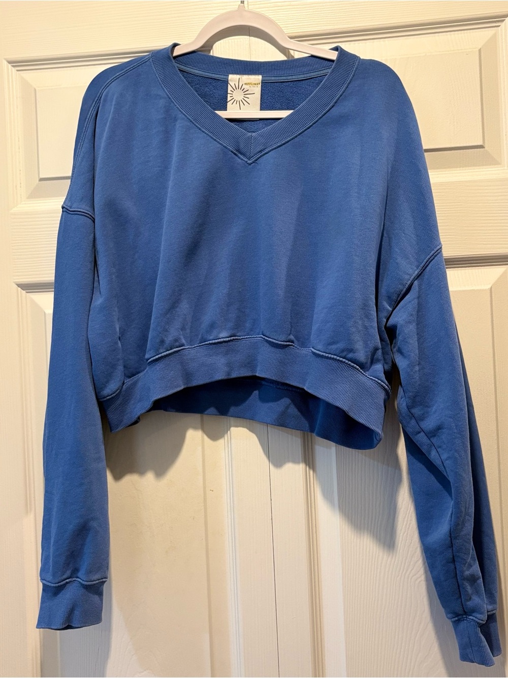 Offline By Aerie Cropped V-Neck Blue Relaxed Sweatshirt Cozy Loungewear Sz L